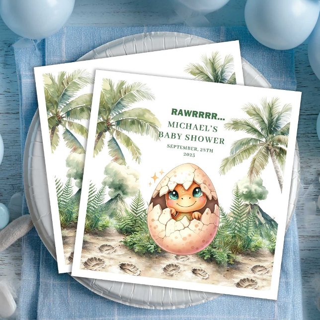 Serviette En Papier Futur Nom de la Fête de Naissance Adorable Bébé Di (Adorable Blue Dino Baby Shower Hatching Soon Name Napkins)