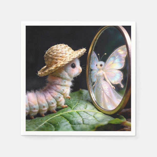 Serviette En Papier Fuzzy Caterpillar Staring at a Fairy Butterfly (Devant)