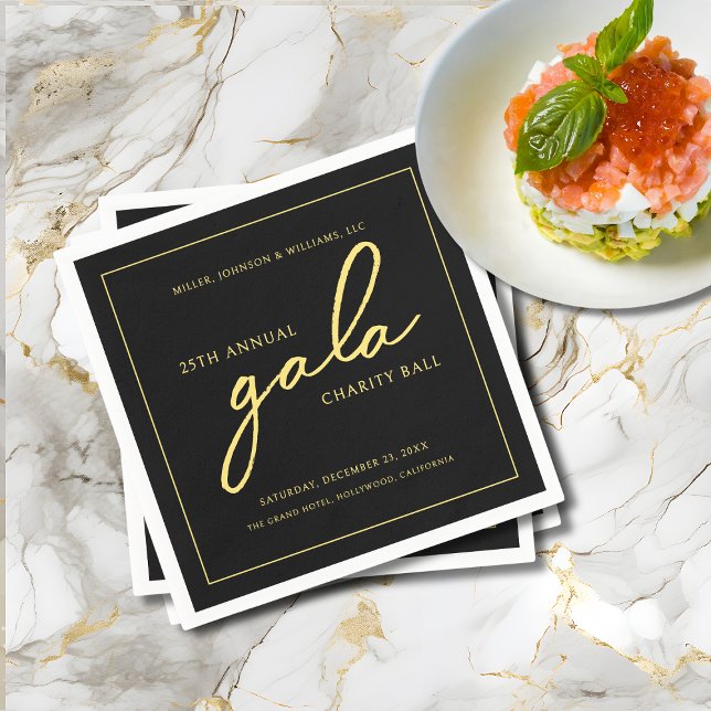 Serviette En Papier Gala événement Charity collecte de fonds Elegant B (Gala Event Charity Fundraiser Elegant Black and Gold Cocktail Napkins with Company Name, Event Info.)