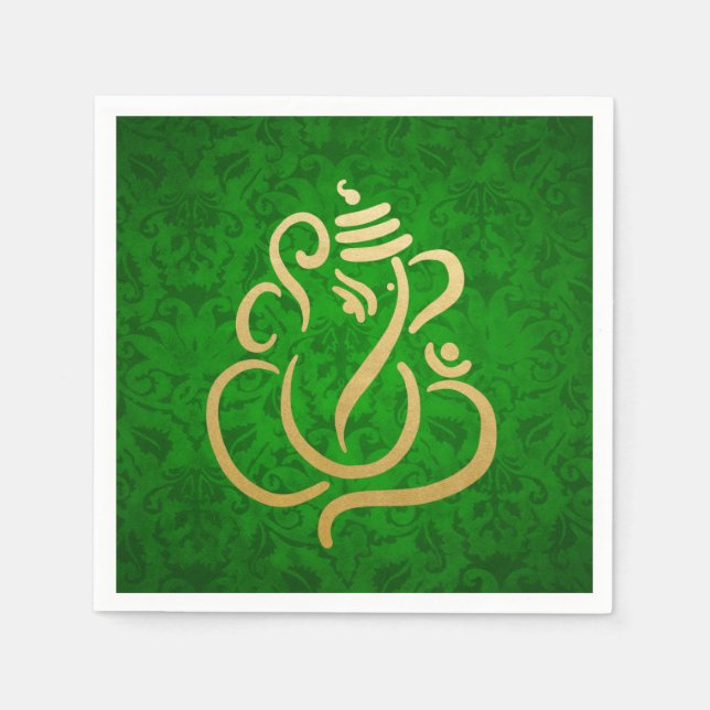 Serviette En Papier Ganesha Indian Green Damask Faux Gold Classy (Devant)