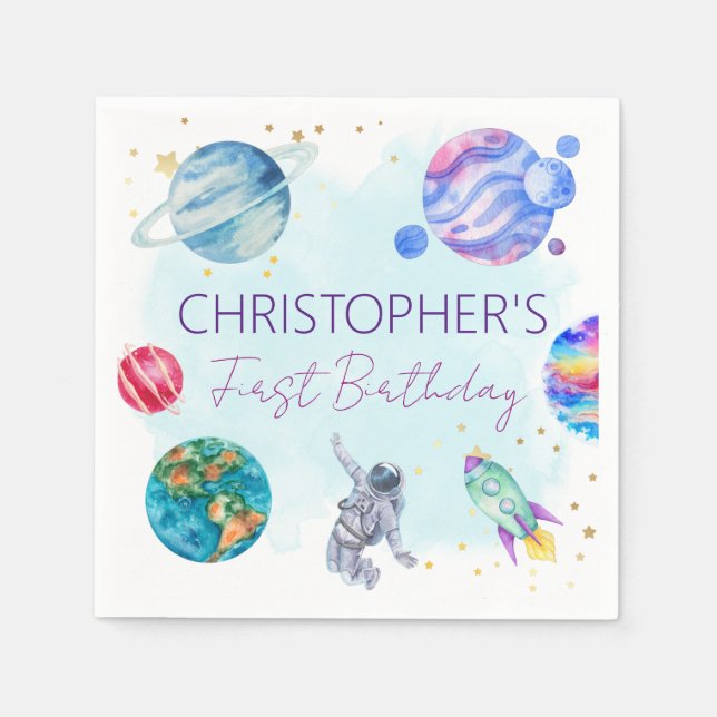 Serviette En Papier Garçon Astronaut Gold Blue Rocket Ship Planet (Devant)