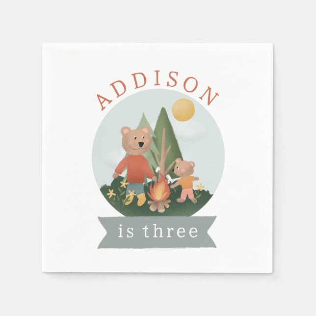 Serviette En Papier Garçons Mignons Anniversaire Ours Forêt de Camping (Devant)
