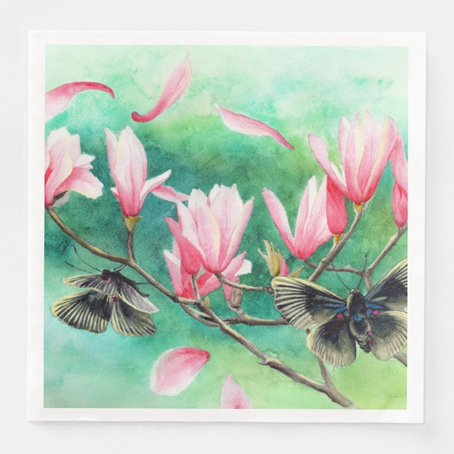 Serviette En Papier Garden Party ! Papillons sur fleurs roses  (Devant)