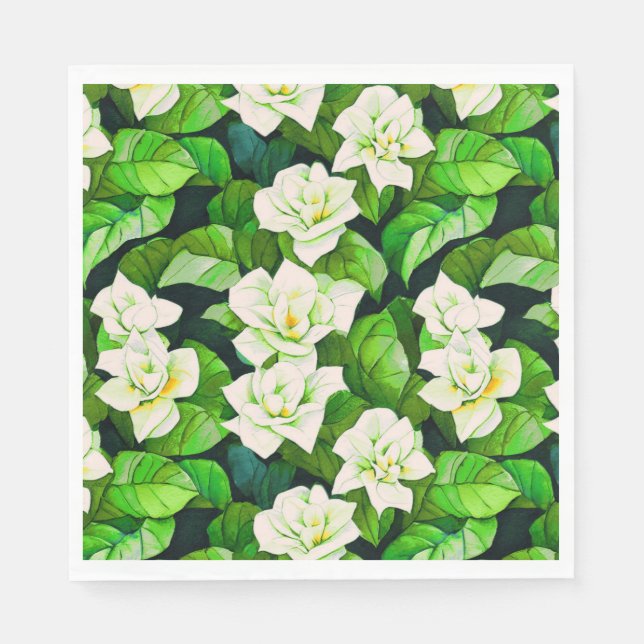 Serviette En Papier Gardenias blanches et Feuilles verts de Jade (Devant)