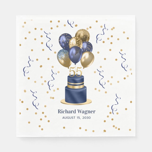Serviette En Papier Gâteau Bleu Marine 55e Anniversaire (Devant)
