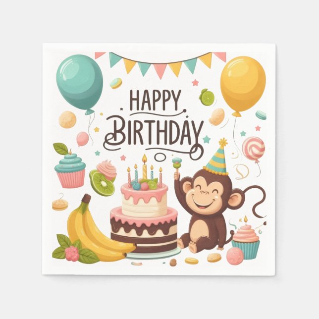 Serviette En Papier Gâteau d'anniversaire de fête de singe mignon (Devant)