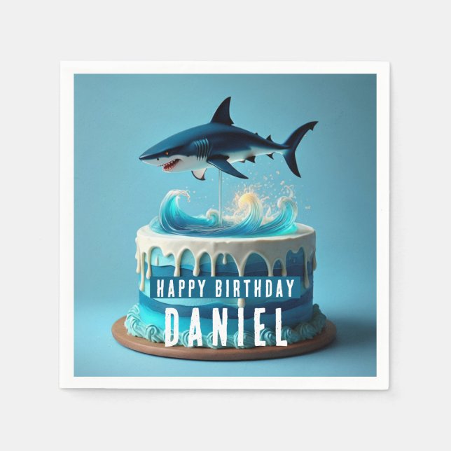 Serviette En Papier Gâteau d'anniversaire sur le thème du requin (Devant)