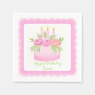 Serviette En Papier Gâteau Fleur d'aquarelle JOYEUX ANNIVERSAIRE Nom