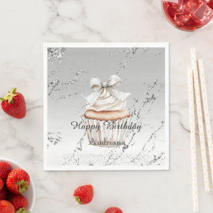 Serviette En Papier Gâteau Glitzy Argent Blanc Ruban Anniversaire