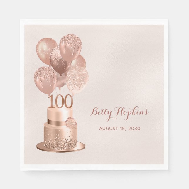 Serviette En Papier Gâteau Rose Gold pour 100e Anniversaire (Devant)
