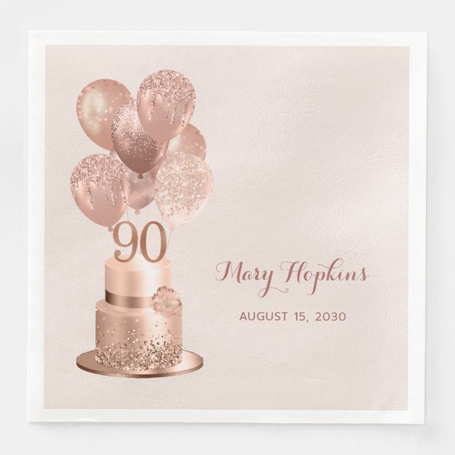Serviette En Papier Gâteau Rose Gold pour 90e Anniversaire (Devant)