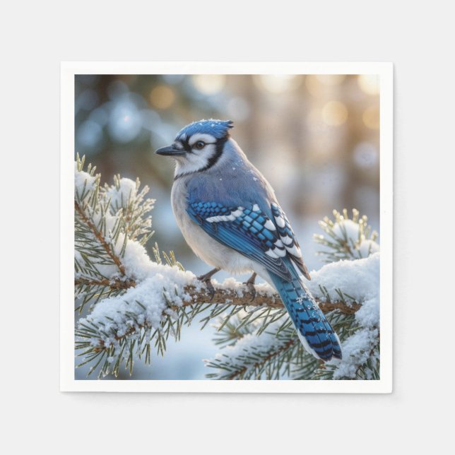 Serviette En Papier Geai bleu perché sur un pin enneigé (Devant)