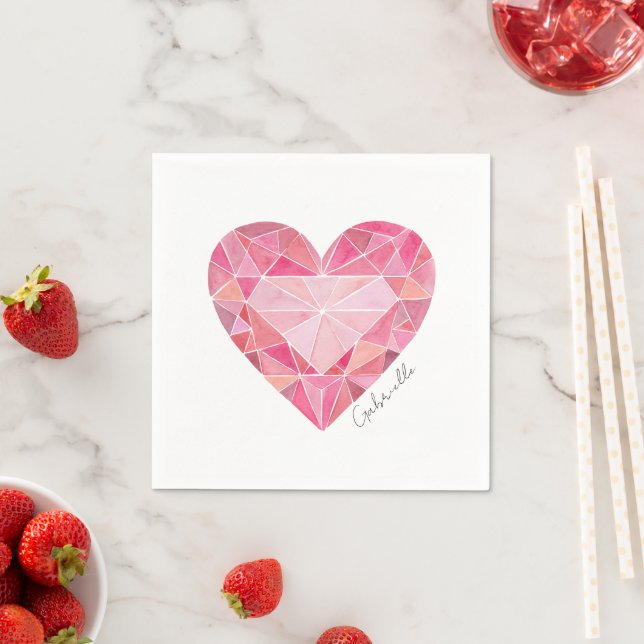 Serviette En Papier Gem Coeur Rose Diamond NOM Aquarelle Glam Bling (En situation)