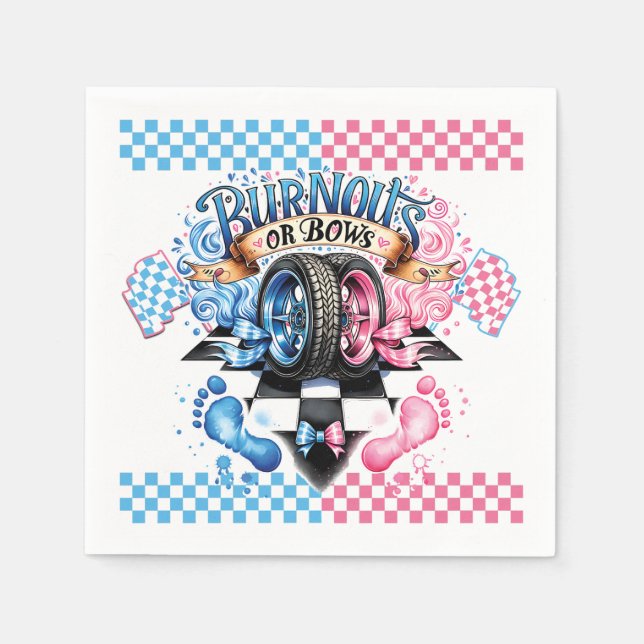 Serviette En Papier Gender Reveal Pink and Blue Bows and Tires (Devant)