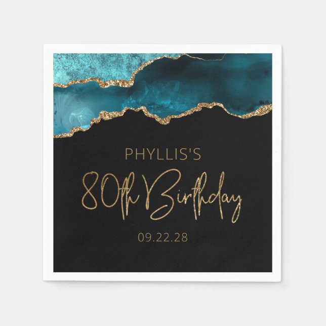 Serviette En Papier Géode Agate Chic Gold Turquoise 80e anniversaire (Devant)