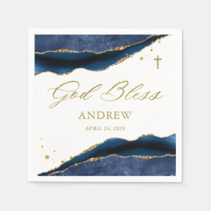 Serviette En Papier Géode bleu marine élégant avec croix dorée Baptê