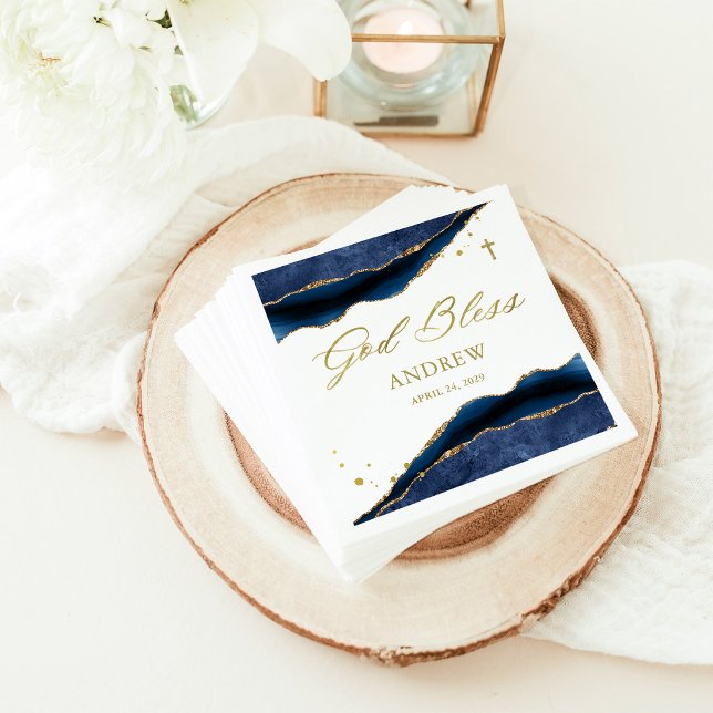 Serviette En Papier Géode bleu marine élégant avec croix dorée | Baptê (Créateur téléchargé)