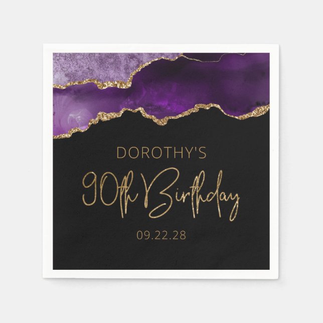 Serviette En Papier Géode d'agate chic violet or 90e anniversaire (Devant)