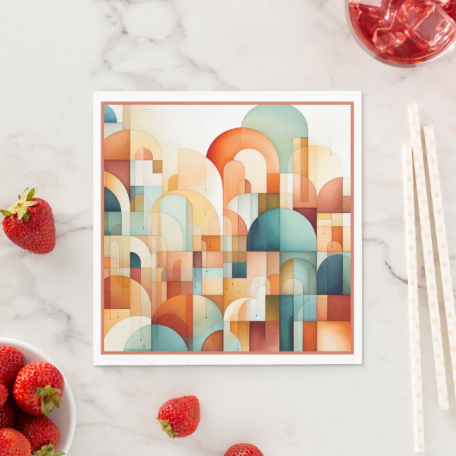 Serviette En Papier Géométrique Moderne Turquoise Pêche Sarcelle (En situation)