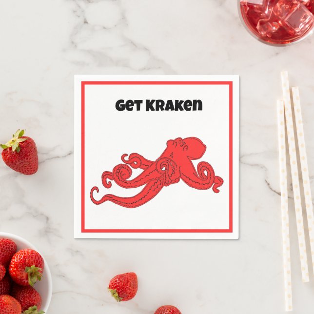 Serviette En Papier Get Kraken Fun Retro Red Octopus Cartoon (En situation)