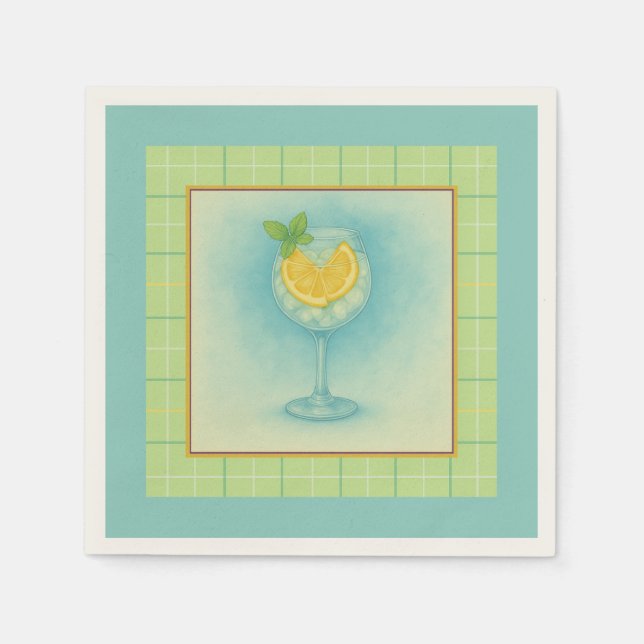 Serviette En Papier Gin & Tonic Cocktail Napkin – Mint Plaid (Devant)