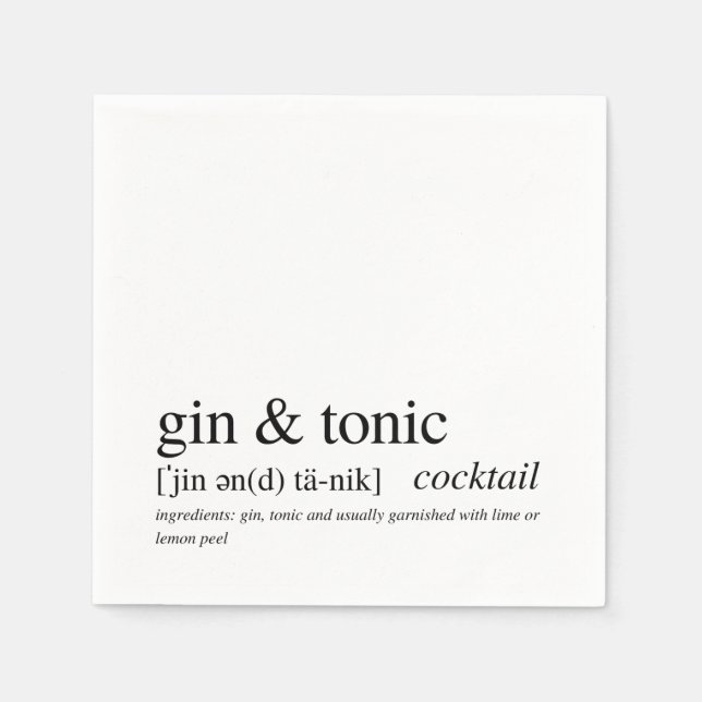 Serviette En Papier Gin & Tonic Modern Citation Typographie Noire (Devant)