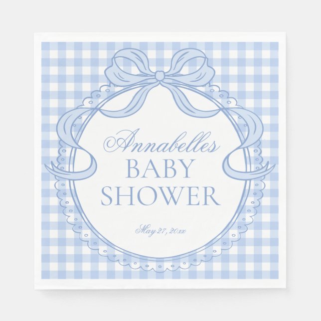 Serviette En Papier Gingham Bleu Coquette Bow Décoration de Baby Showe (Devant)