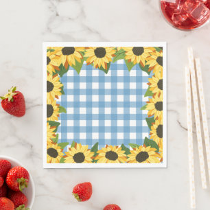 Serviette En Papier Gingham Bleu Rustique & Tournesols