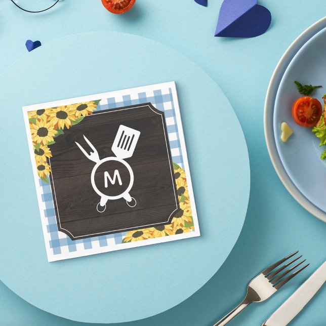 Serviette En Papier Gingham Bleu & Tournesols Monogramme Rustique BBQ (Créateur téléchargé)