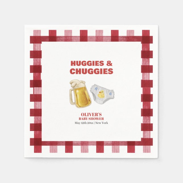 Serviette En Papier Gingham Huggies Chuggies Bière Couche Bébé Shower  (Devant)