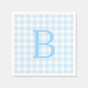 Serviette En Papier Gingham Monogrammé Bleu Pastel et Blanc