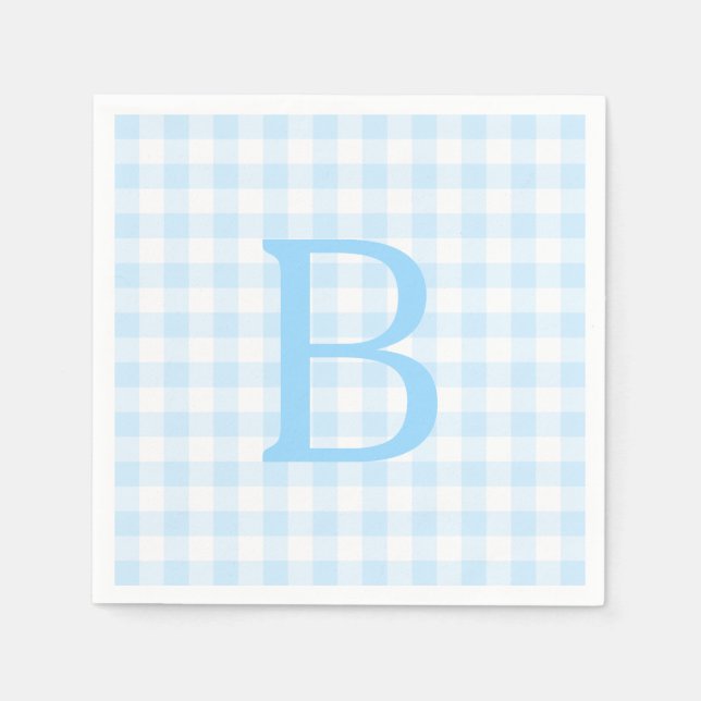 Serviette En Papier Gingham Monogrammé Bleu Pastel et Blanc (Devant)