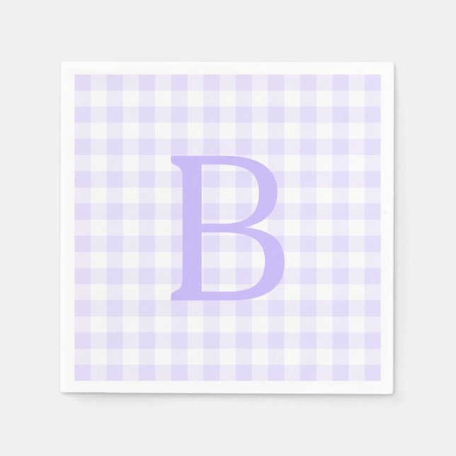 Serviette En Papier Gingham Monogrammé Lavande et Blanc Pastel (Devant)