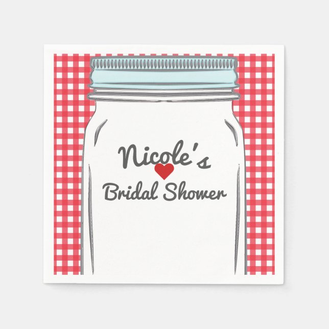 Serviette En Papier Gingham Rouge & Pot Mason Bleu Fête de Campagne Ru (Devant)