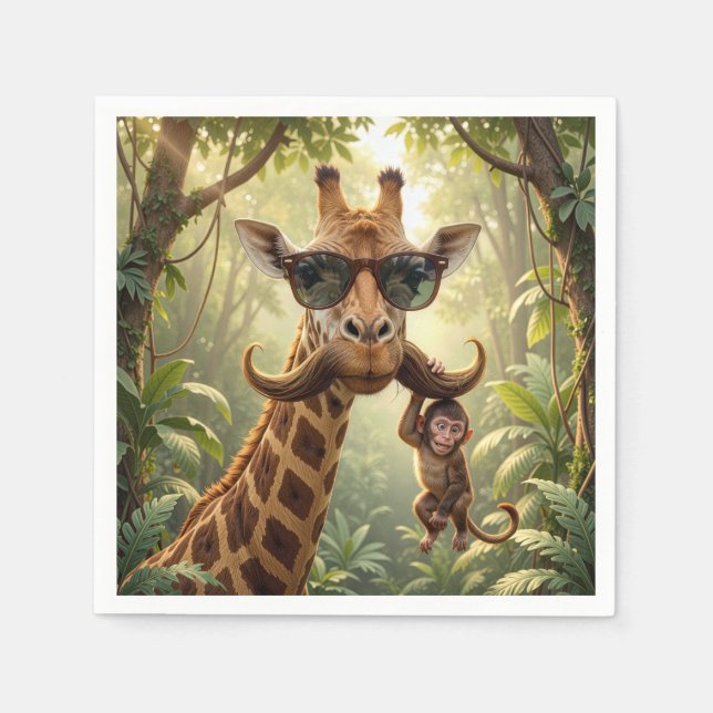 Serviette En Papier Girafe Avec Moustache et Singe (Devant)