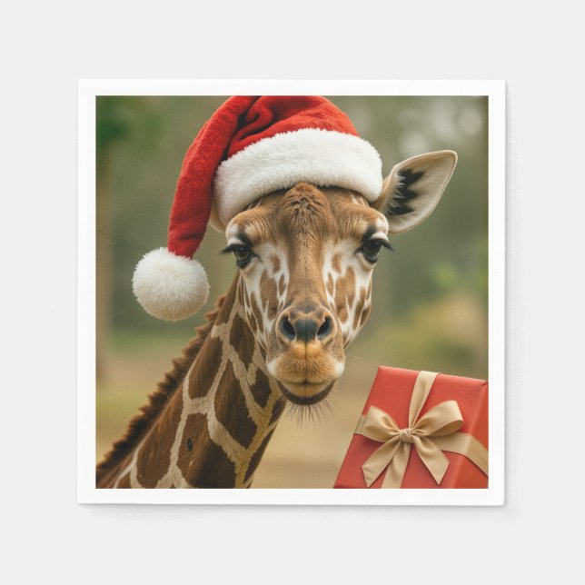 Serviette En Papier Girafe de Noël avec cadeau de fête (Devant)