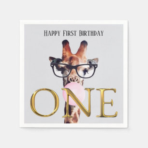 Serviette En Papier Girafe de premier anniversaire portant des lunette