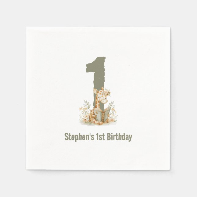 Serviette En Papier Girafe Vert mignonne 1ère fête d'anniversaire (Devant)