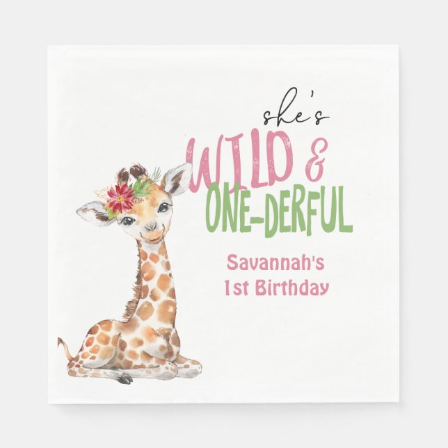 Serviette En Papier Giraffe 1er anniversaire fête rose (Devant)