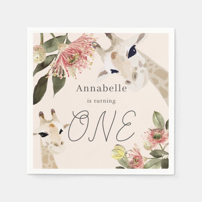 Serviette En Papier Giraffe Pink Floral Girl 1st Birthday (Devant)