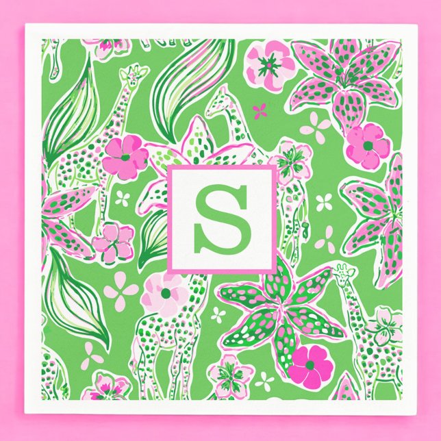 Serviette En Papier Giraffes de Preppy Lily rose Monogramme vert (Créateur téléchargé)