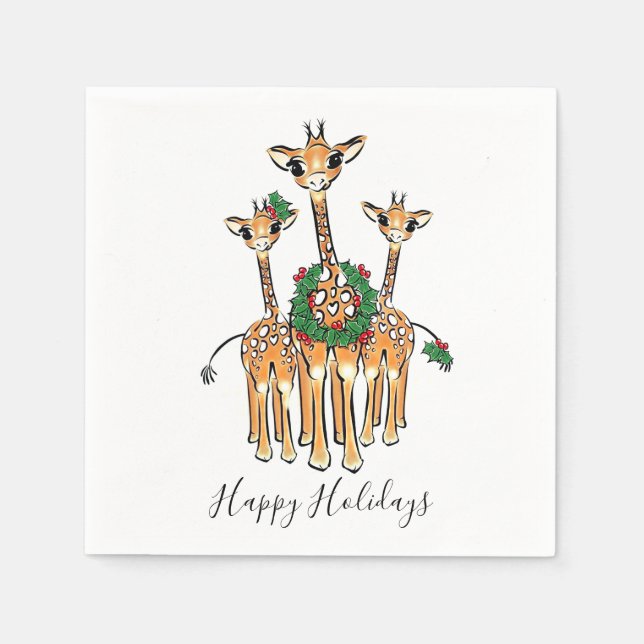 Serviette En Papier Giraffes Festive avec couronne Holly (Devant)