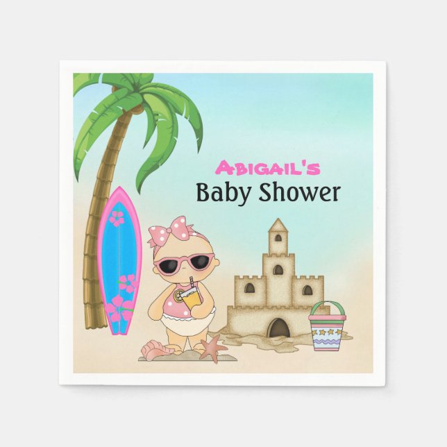 Serviette En Papier Girl Beach Baby Sandcastle, Baby shower Surfboard (Devant)