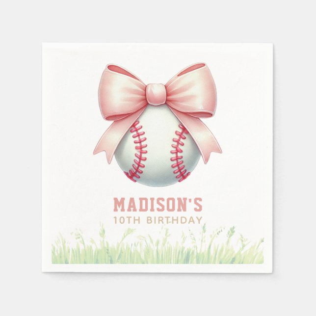 Serviette En Papier Girl Birthday Personalized Pink Baseball Bow (Devant)