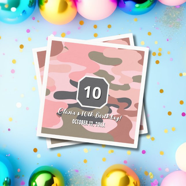 Serviette En Papier Girl Birthday Pink Green Camouflage Cute Custom (Créateur téléchargé)