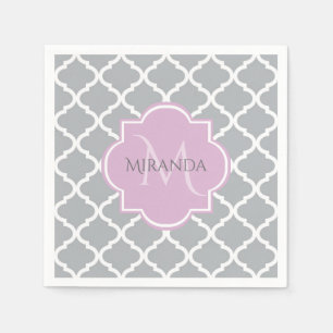 Serviette En Papier Girl Grey Quatrefoil Lavender Monogramme et nom