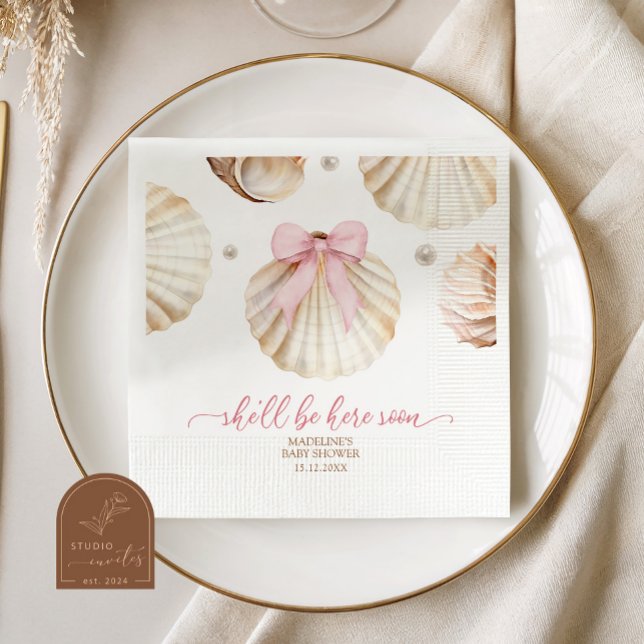 Serviette En Papier Girl Pink Bow Shell Baby Shower Paper Napkins (Créateur téléchargé)