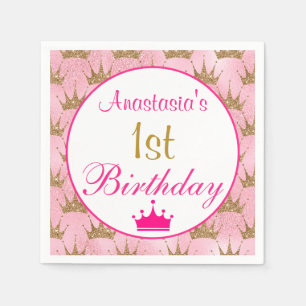 Serviette En Papier Girl Princess Hot Pink Gold Parties scintillant 1e