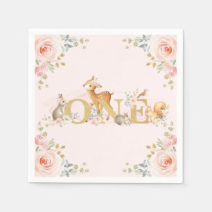 Serviette En Papier Girl Woodland 1er anniversaire Pink Gold Floral