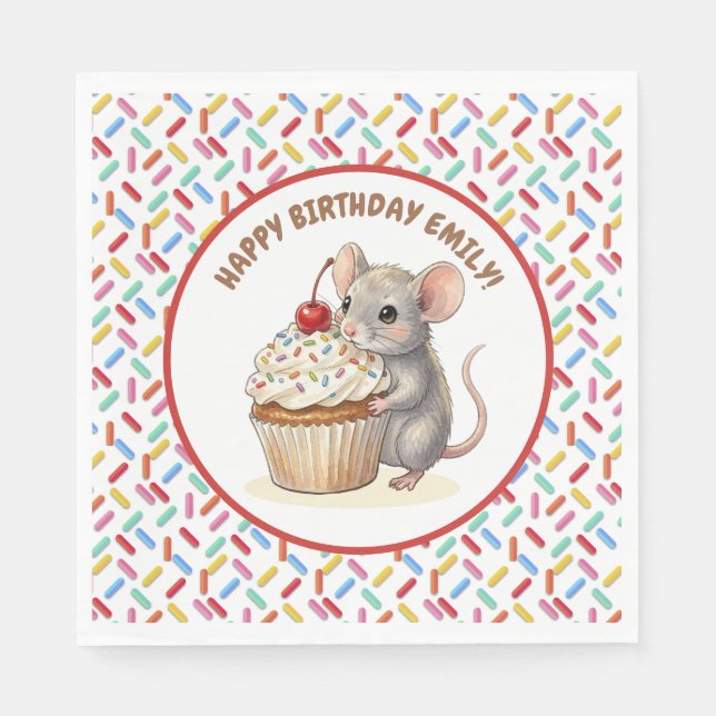 Serviette En Papier Girl's Birthday Party | Mouse & Cupcake   (Devant)